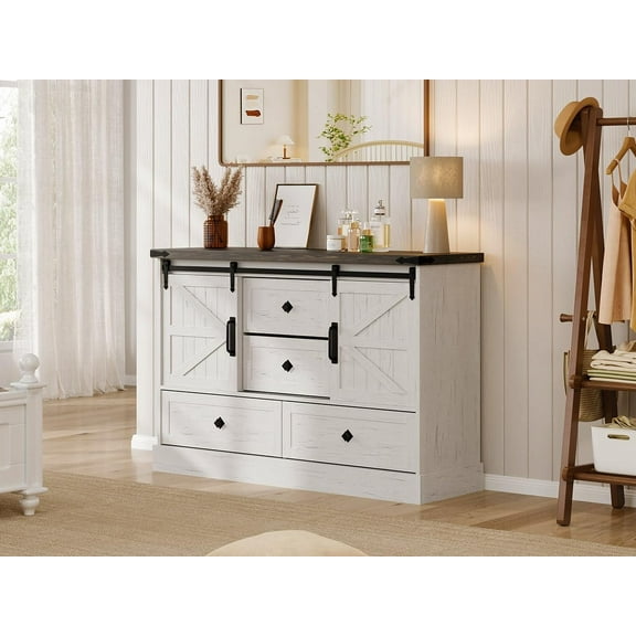 Farmhouse 4 Drawer Dresser for Bedroom, 45" Wood Dressers with Sliding Barn Doors, TV Stand with Large Drawers & Bar Handles, White Dressers & Chests of Drawers for Closet, Living Room