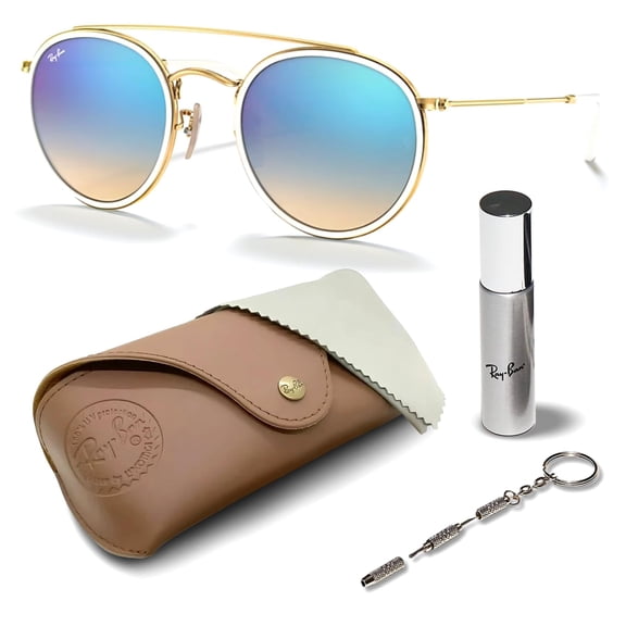 Ray-Ban RB3647N ROUND DOUBLE BRIDGE Round Shaped Non-Polarized Sunglasses for Men & Women - Includes Official RAYBAN Eyewear Kit - Ideal Formal & Casual Wear Sunglasses - Blue Flash Lens