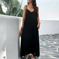 thumbnail image 4 of Xmarks Women Summer Casual Spaghetti Strap Maxi Dress V-Neck Sleeveless Solid Color Beach Party Long Dress with Pockets, 4 of 8