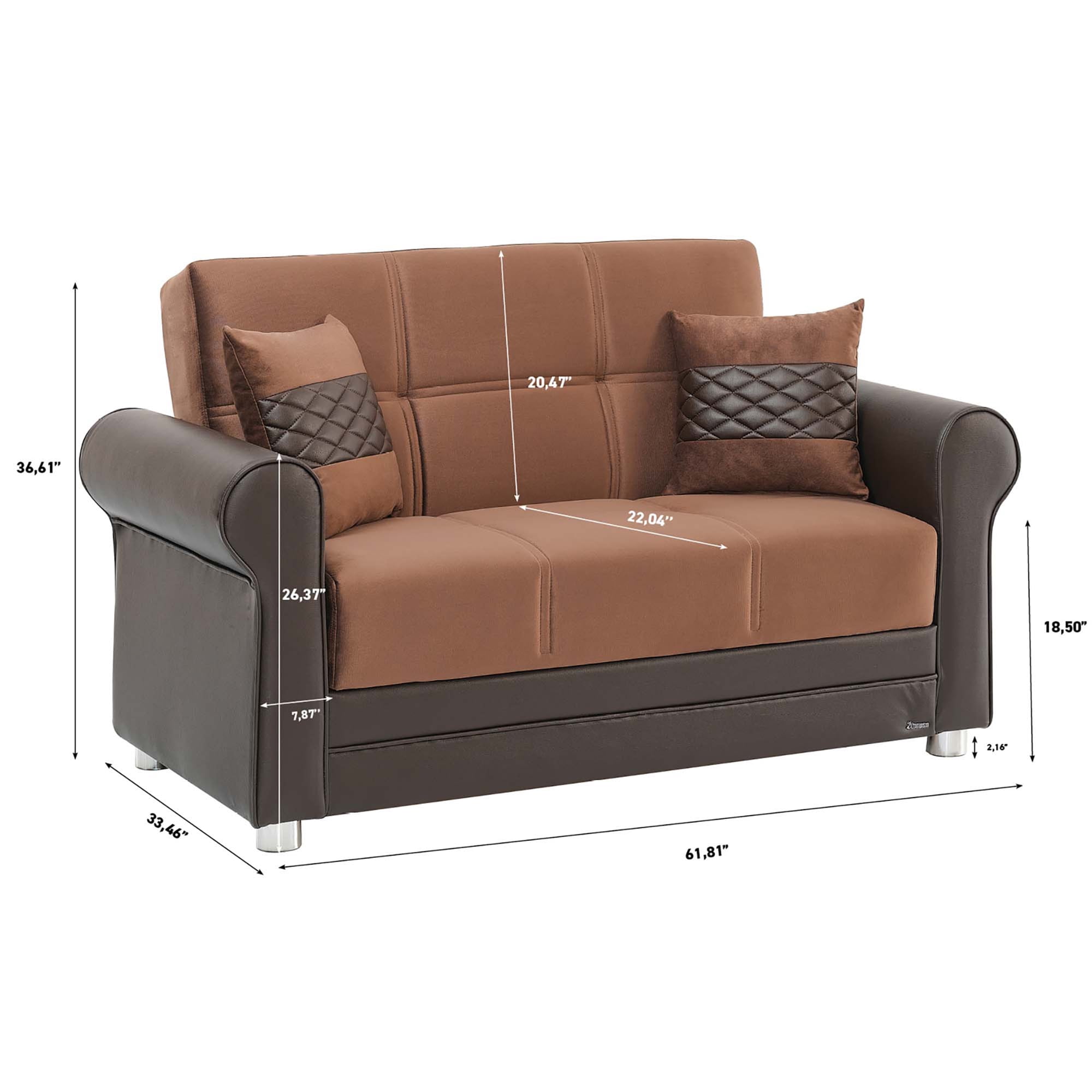 Ottomanson Convertible Sleeper Loveseat with Hidden Storage, Firm Seating, Brown