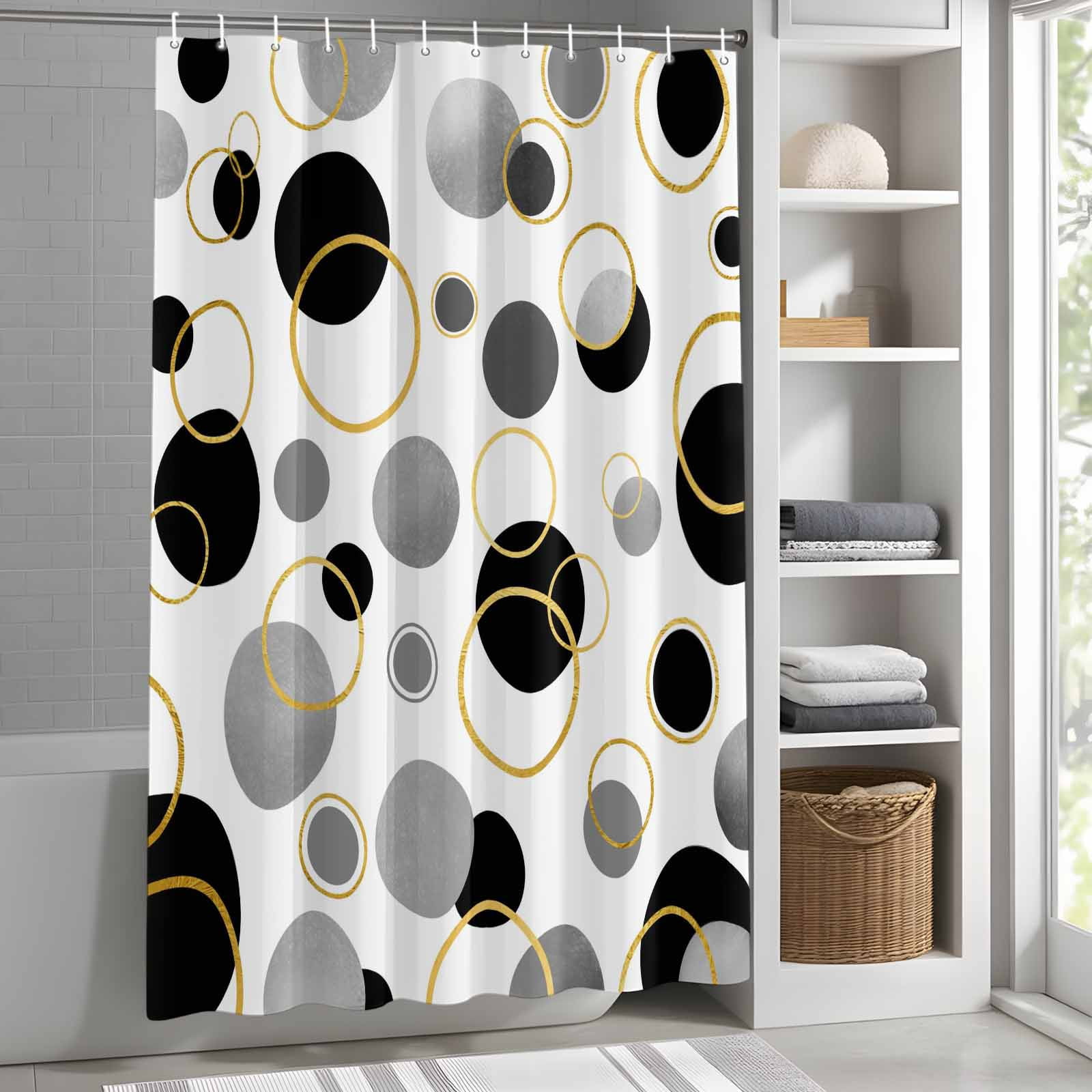 Black Polka Dots Shower Curtain Set, Waterproof Shower Curtains for Bathroom, Modern Abstract Art Washable Fabric Cloth Bath Curtain for Bathtub Decoration with Hooks 48x72 Inches Geometric