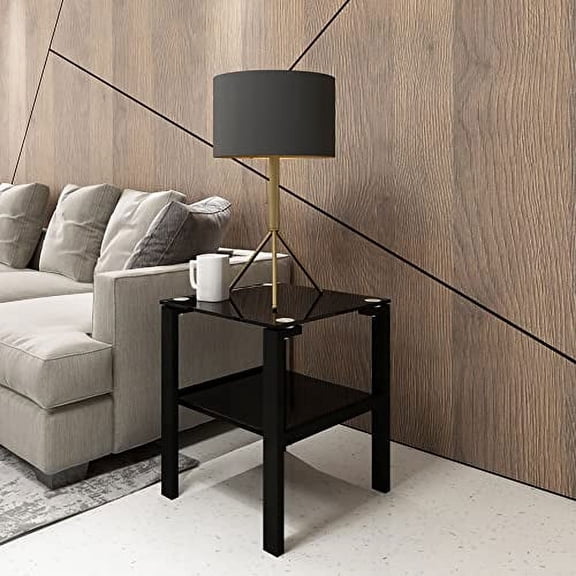 Modern Tempered Glass End Table, Square Coffee Table for Living Room, Glass Tea Table, Sofa Side Table (H-All Black, 2pcs)