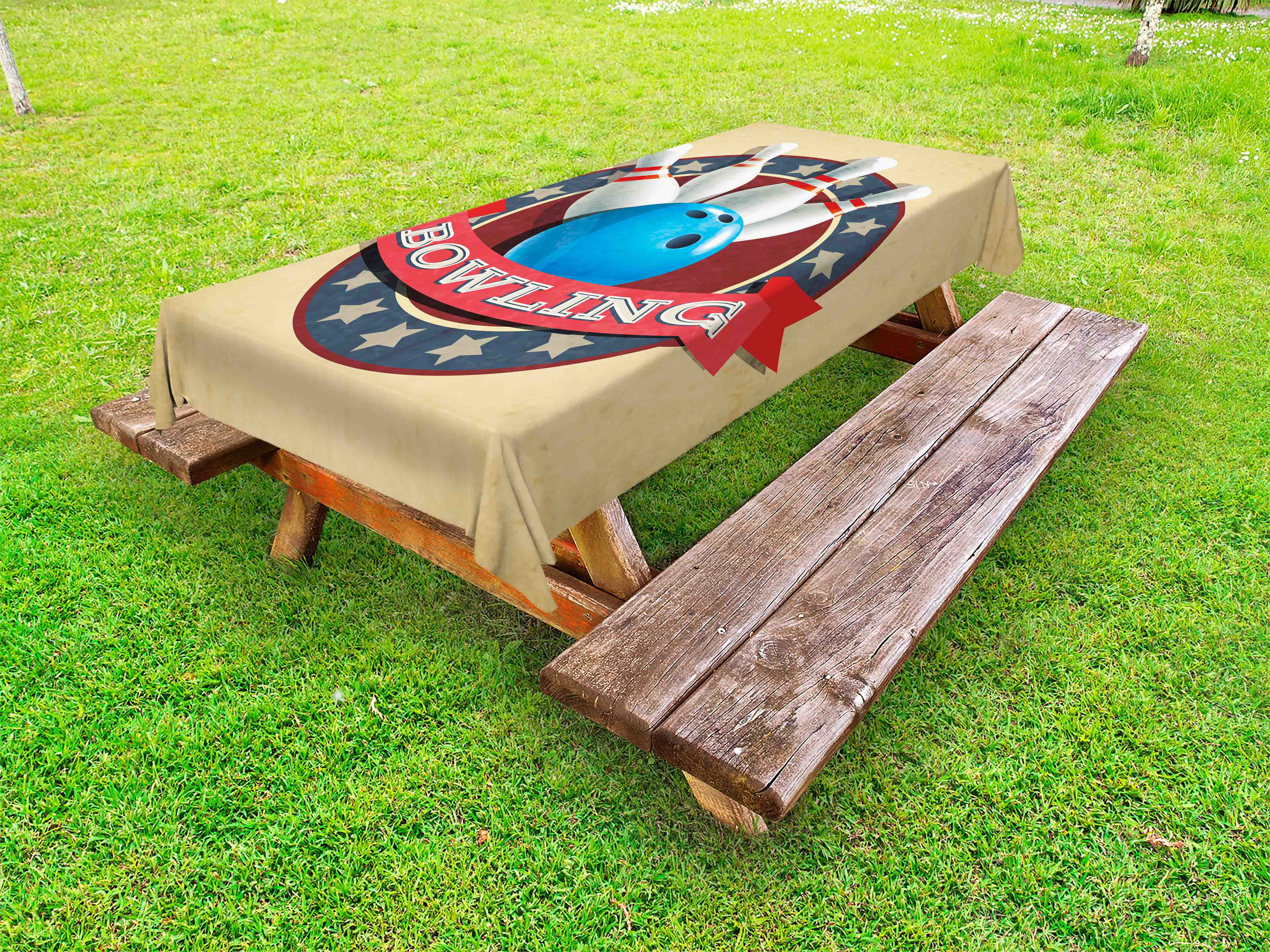 Bowling Party Outdoor Tablecloth, Old Fashioned Retro Circular Sport Emblem Stars Ribbon with