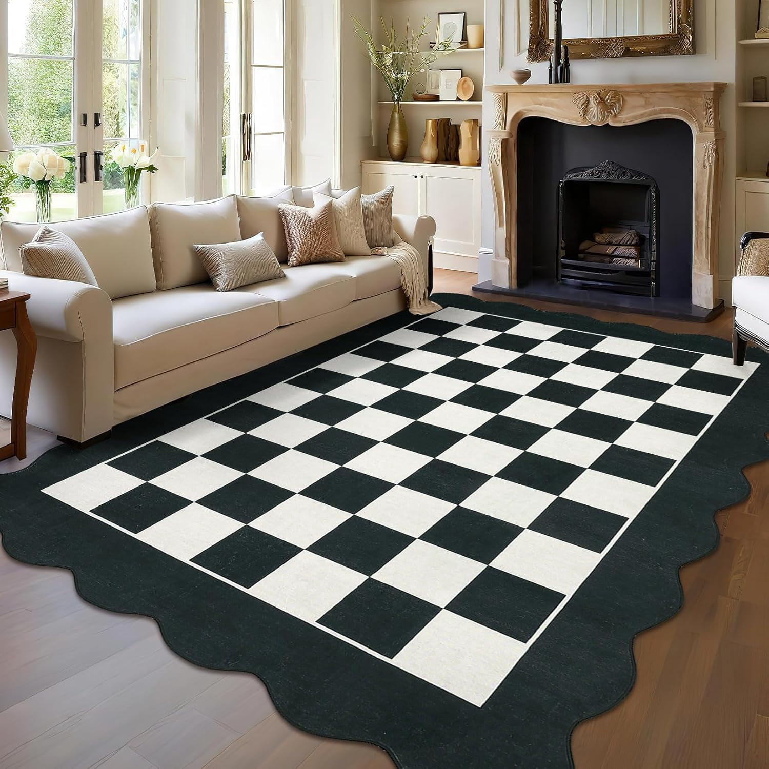 IdealHouse 10'x13' Washable Kitchen Rug, Non-Slip Low Pile Scalloped Checkerboard Farmhouse Entryway Mat, Soft Neutral Area Rug, Black