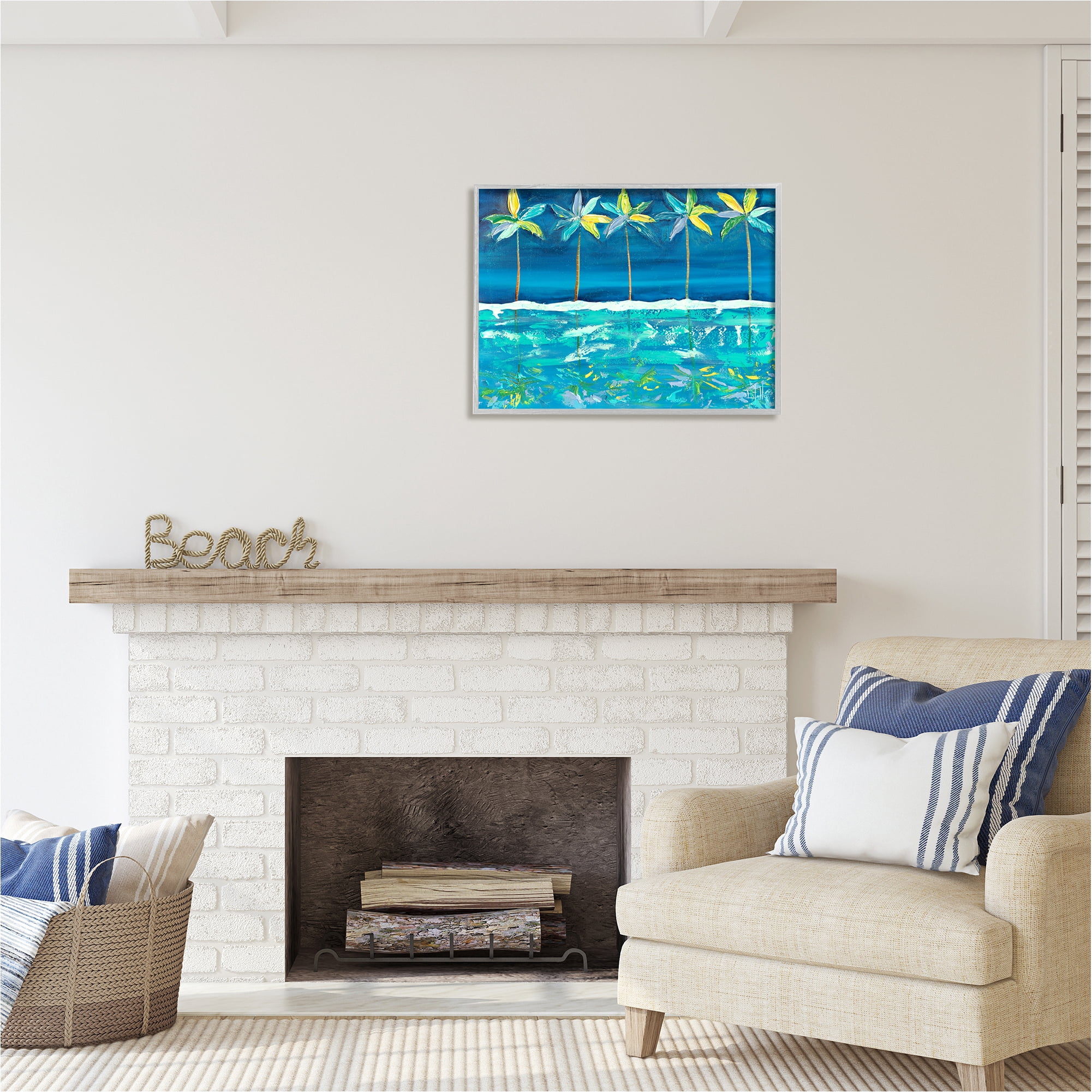 Stupell Industries Blue Abstract Palms Landscape Painting Gray Framed Art Print Wall Art, 30 x 24