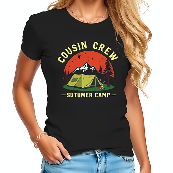 Cousin Crew Cotton Short Sleeve T-Shirt - Vibrant Camping Scene with Tent & Campfire Design Perfect for Outdoor Adventures