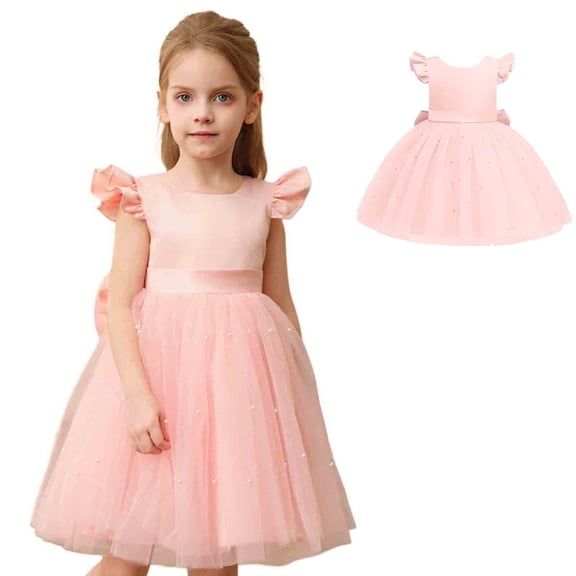 Girls Formal Dress Elegant Sleeveless Pink Dress V-Back with Big Bow Birthday Girl Dress Cute Clothes for Girls 4T