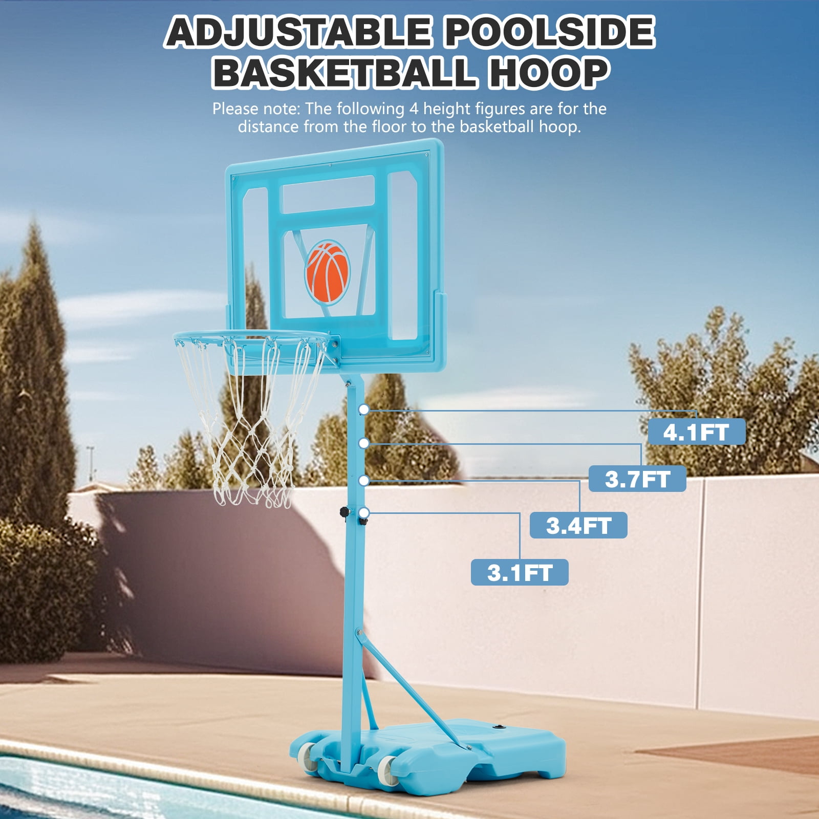 Danrelax 3.1-4.1FT Adjustable Pool Basketball Hoop, 32"x23" Backboard, Portable, Blue
