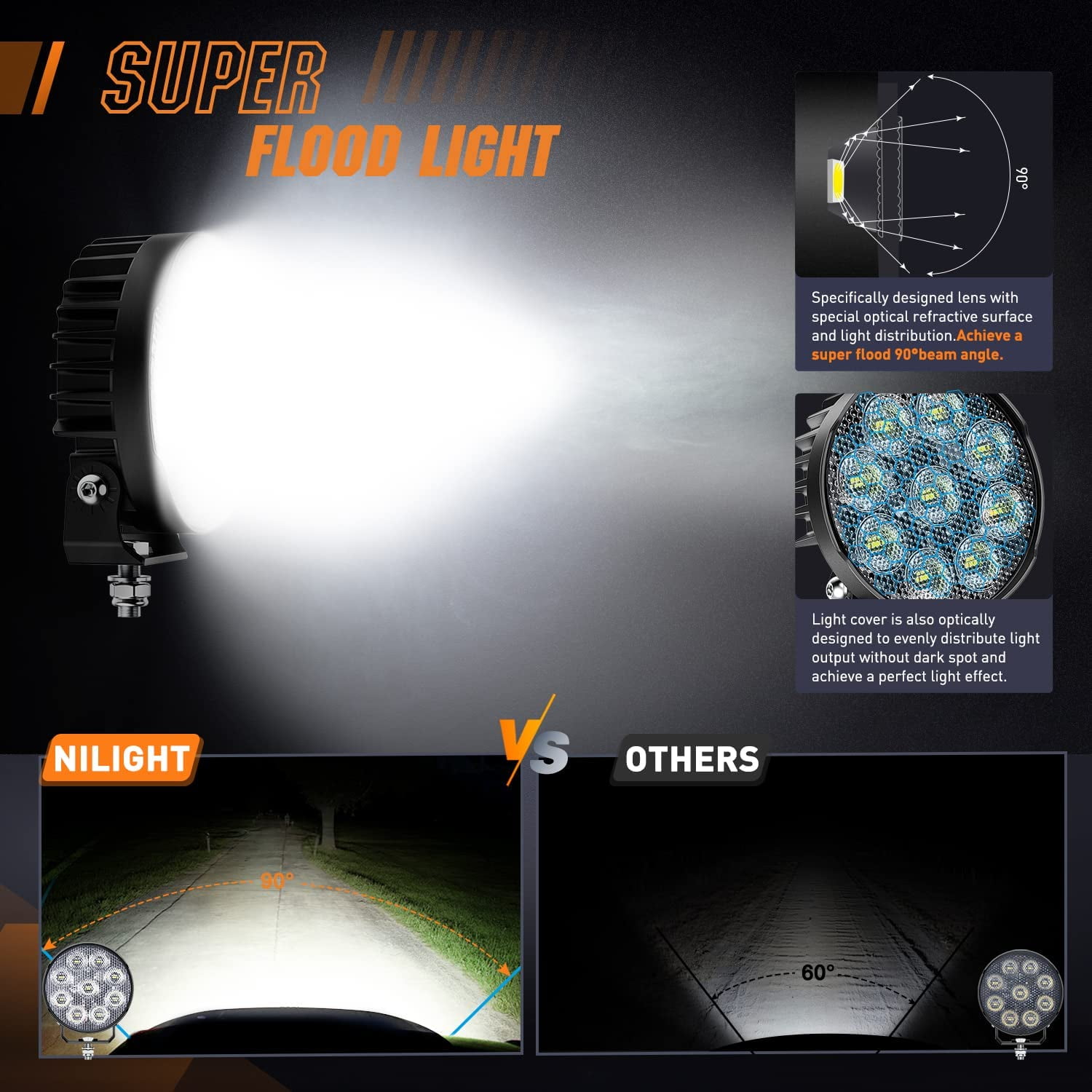 Nilight 2 PCS 4 Inch LED Pods Round 3370LM Built-in EMC 90°Flood Beam Angle Offroad Driving Lights Side Rear Back-Up Light for Tractor Truck Motorcycle Boat ATV UTV
