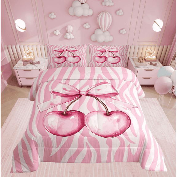 Pink Bowknot Comforter Set King Size,Zebra Stripe Geometric Abstract Bedding Set,Women Room Decor,Bow Tie Cherry Princess Down Comforter,Girly Sweet Duvet Insert,2 Pillowcases