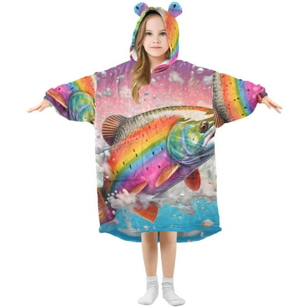 

joogoo Wearable Blanket Hoodie for Kids Fish with Rainbow Flannel Oversized Sweatshirt 3-14 Years M