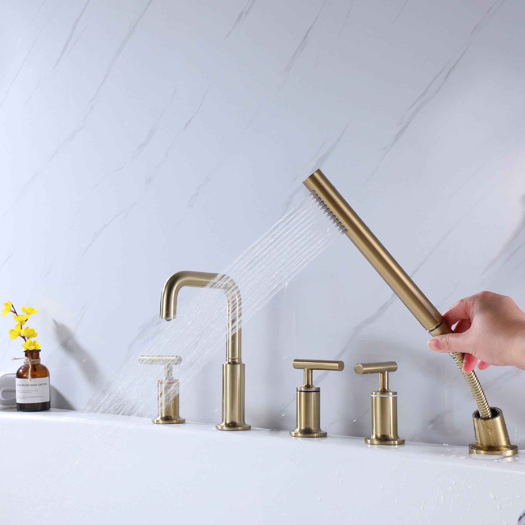 Solid Brass Roman Bathroom Bathtub Faucet with Hand Shower, Three Lever Handle Deck Mounted Tub Filler