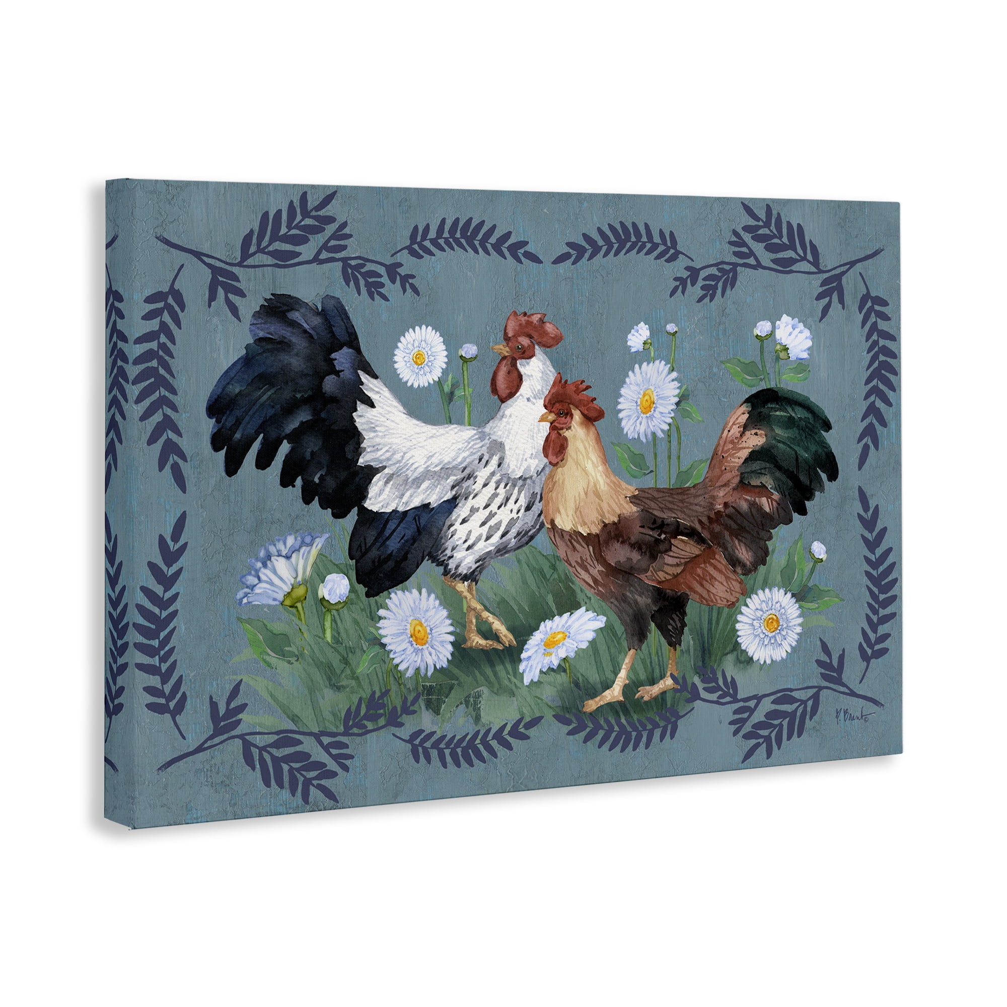 Stupell Industries Roosters with Fern Trim Animals & Insects Painting Gallery Wrapped Canvas Art Print Wall Art, 36 x 24