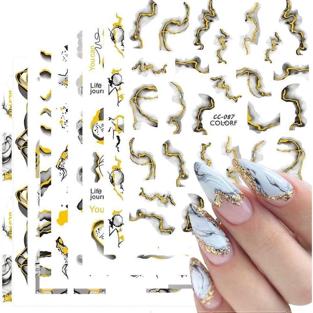 9 Sheets Gold Nail Art Decals Graffiti Nail Art Stickers 3D Black Gold Stripe Line Marble Wave Nail Decals French Nail Design DIY Self-Adhesive Colorf