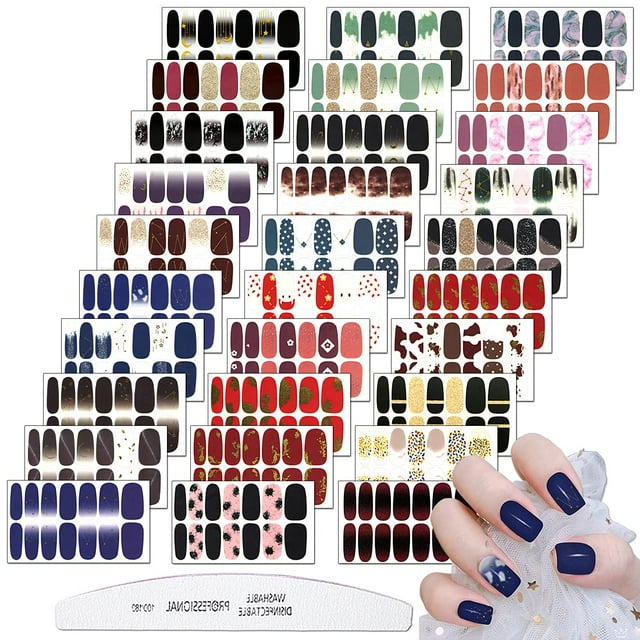 XEAOHESY 30 hojas de tiras de uñas con purpurina, diseño de lámina dorada, tiras de esmalte de uñas, pegatinas autoadhesivas, color degradado floreciente, envolturas de uñas para mujeres, arte de uñas