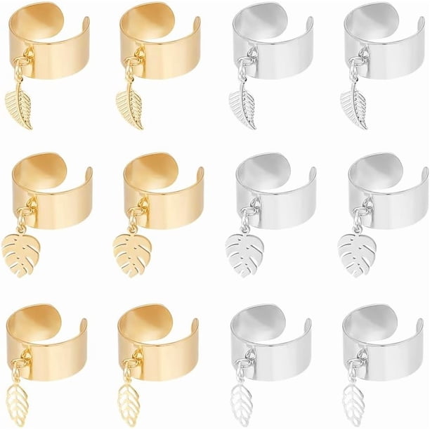 12 anillos de acero inoxidable con dijes de hojas, 2 colores y 3 estilos, ajustables, con dijes de hojas, abiertos.