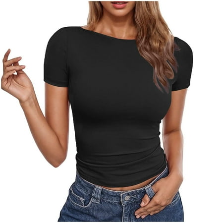 QUNYINEY Crew Neck Tee Shirts Womens Short Sleeve Solid Pullover Casual Tops Slim Womens Tops
