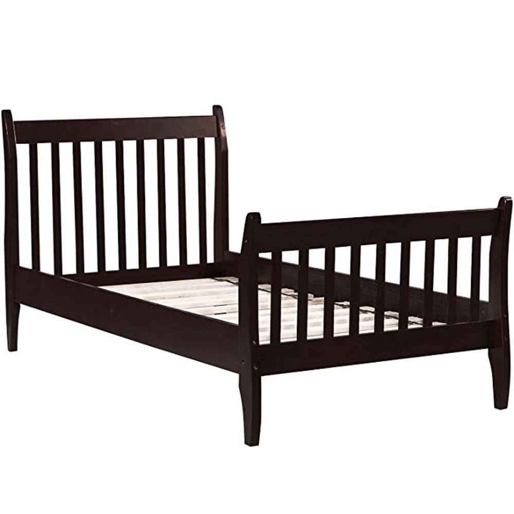 Clearance Twin Bed Frame Platform Mattress Foundation with Headboard Solid Wood Slat Support-Espresso