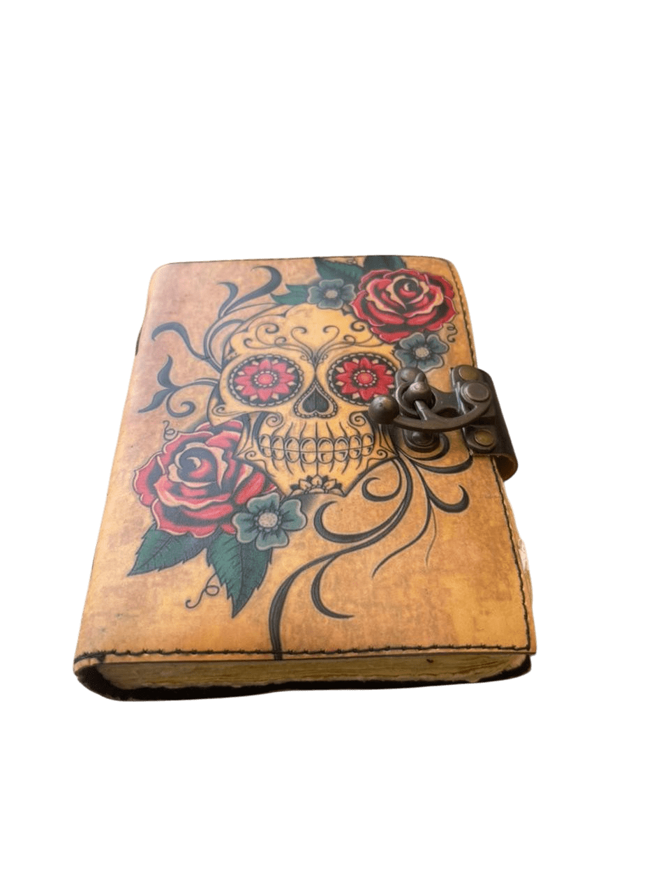 Handmade Leather Skull Journal with Lock – Vintage Deckle Edge Paper Notebook (5x7 Inch, 200 Pages) – Gothic Floral Diary, Travel Sketchbook