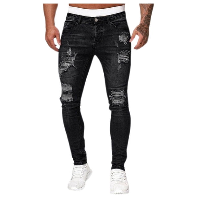 Bmisegm Men Jeans Solid Color Ripped Holes Frayed Gradient Washed Trousers Y2K Jeans for Women Black S