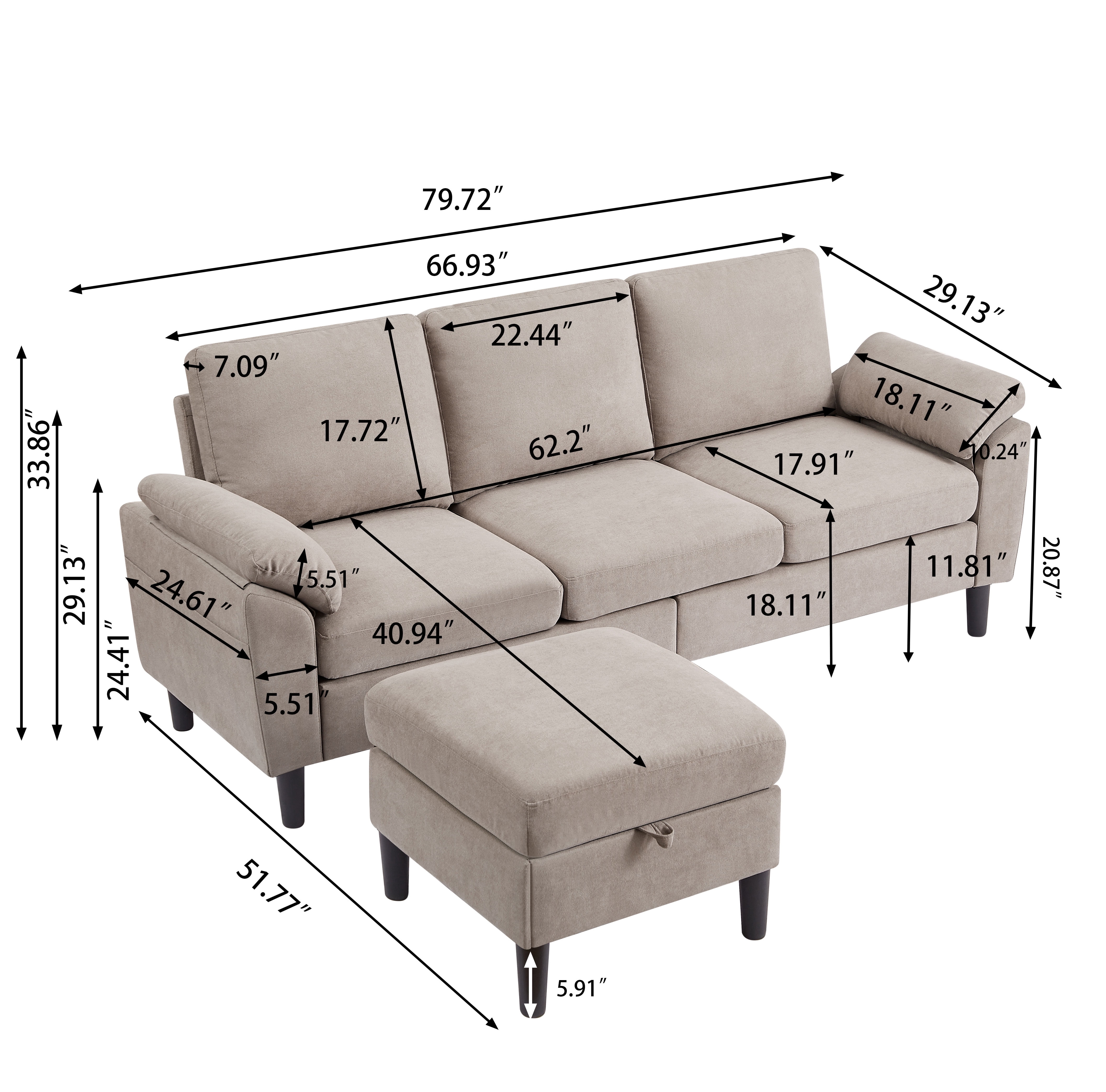 Pingliang Home 80" Sectional Sofa Couch,L Shaped 3 Seat with Reversible Storage Ottoman and Side Pockets, Modern Polyester Fabric Sofa Couches for Living Room Apartment Office Studio Small Space