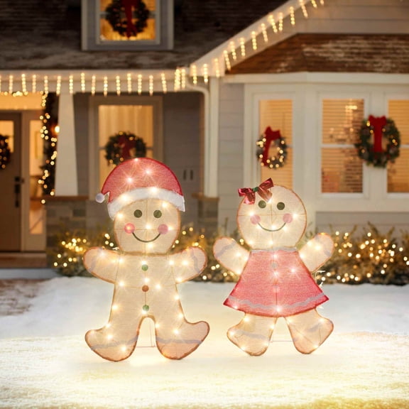 DEORAB 2-Pieces Outdoor Christmas Gingerbread Man lghting Decorations Xms Indoor Yard Garden Lawn Holiday Festive Light-up Decor, 70 LED Lights