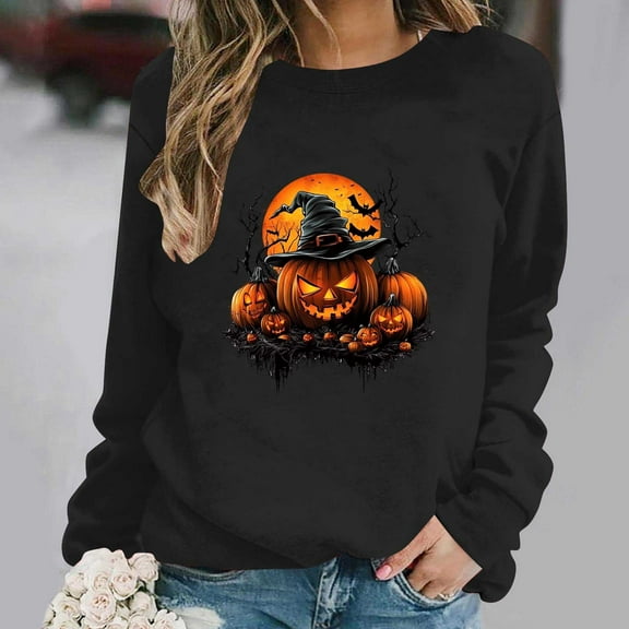 Jsaierl Halloween Sweatshirts for Women Spooky Pumpkin Ghost Graphic Sweatshirt Trendy Crewneck T-shirt Long Sleeve Holiday Pullover Tops Halloween Gifts