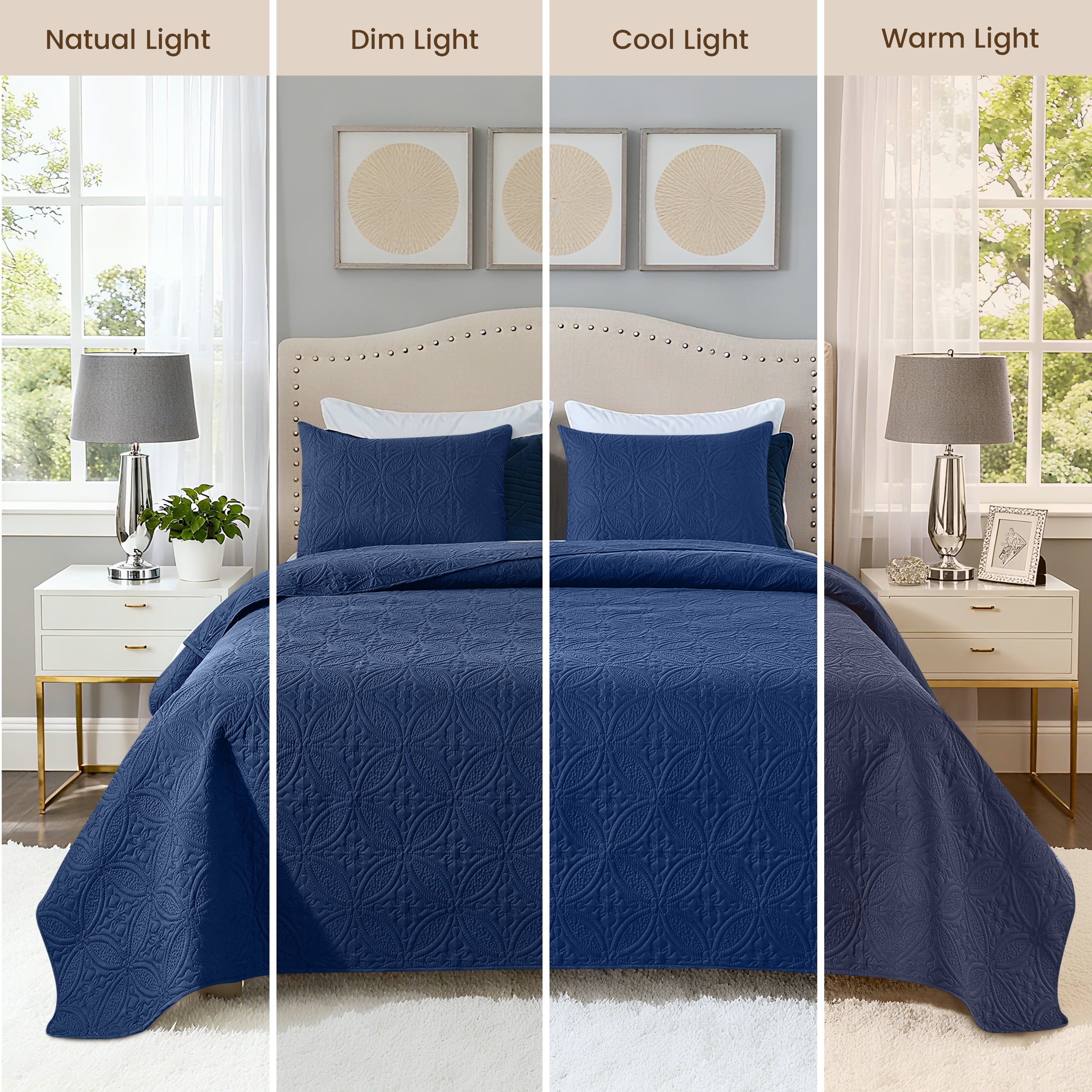 VCCOEM Quilt Set Full/Queen Size Lightweight Bedspreads, All Season Coverlet, 3 Piece (1 Quilt, 2 Pillow Shams), Coin Pattern, Navy Blue