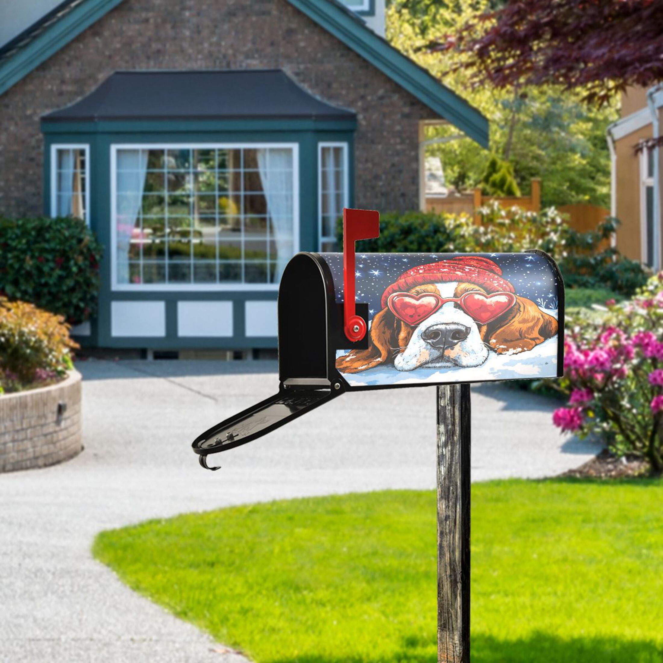 WOBOGO Snow Basset Hound Mailbox Cover Magnetic for Garden Yard Home Decor Standard Size 25.4×20.78in