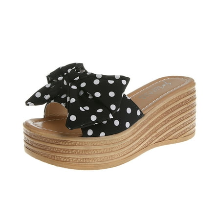 

Women s Platform Wedge Sandals Bowknot Polka Dot Print Boho Slides Summer Casual Open Toe Slip On Fashion Dress Slippers