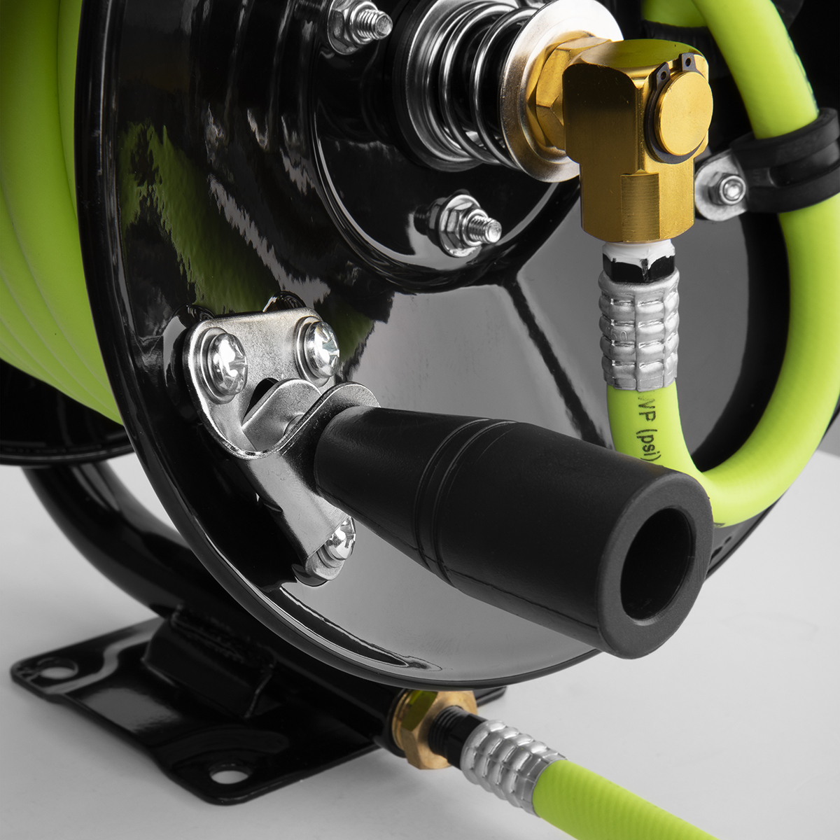 Flexzilla Manual Open Face Air Hose Reel – Heavy-Duty Steel, 3/8” X 50’ Hybrid Polymer Hose, 300 PSI, ZillaGreen, For Shops And Garages