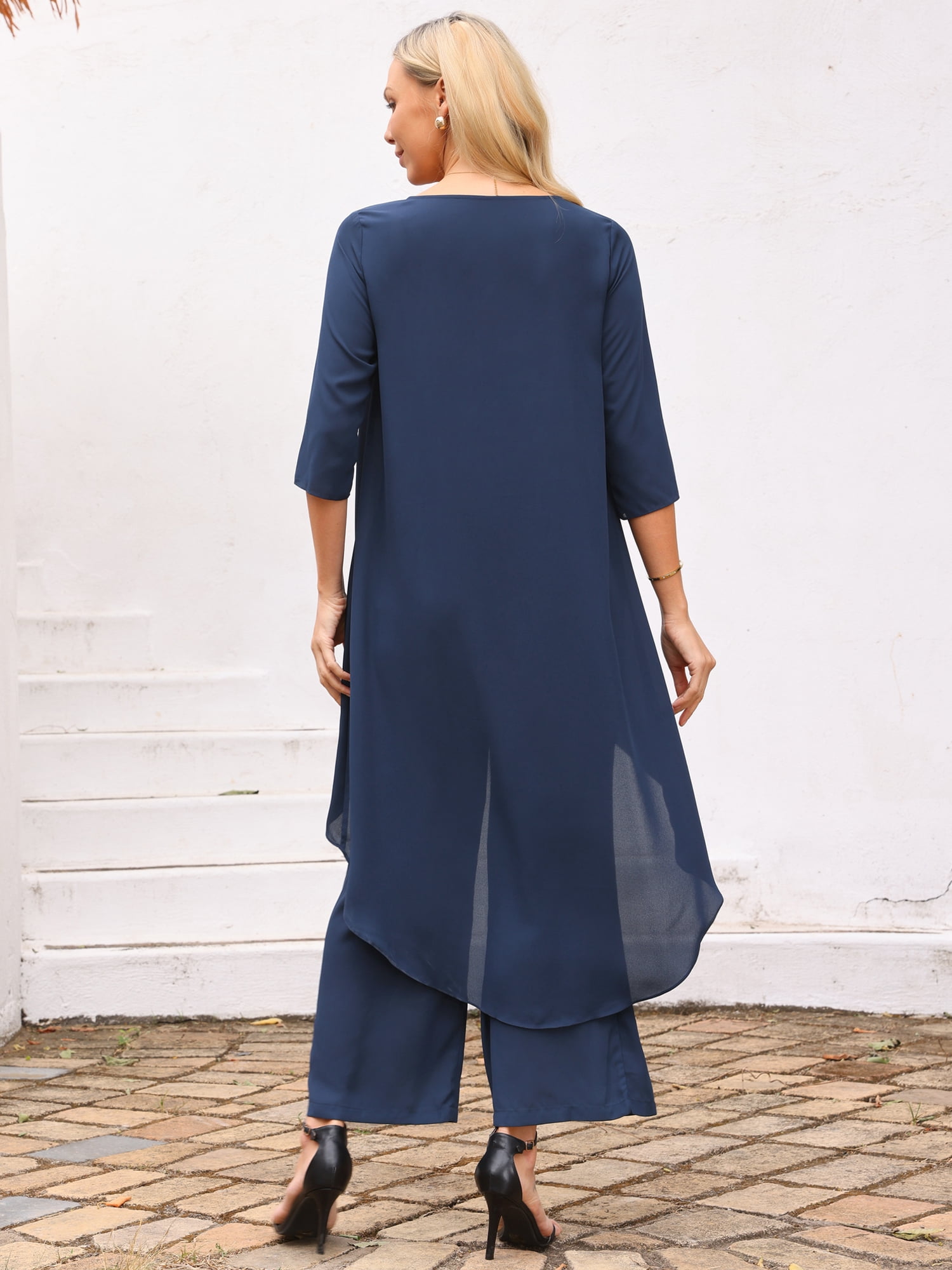 DARING DIVA Women's 2 Piece Chiffon Sets Dressy Pantsuit High Low Top Outfit L Dark Blue