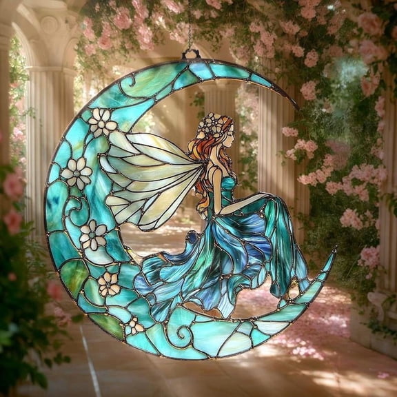 Fairy Flower on Moon Acrylic Window Hanging – A Magical Faux Stained Glass Decoration, Perfect Gift for Mom, Grandma, or Fantasy Lovers.