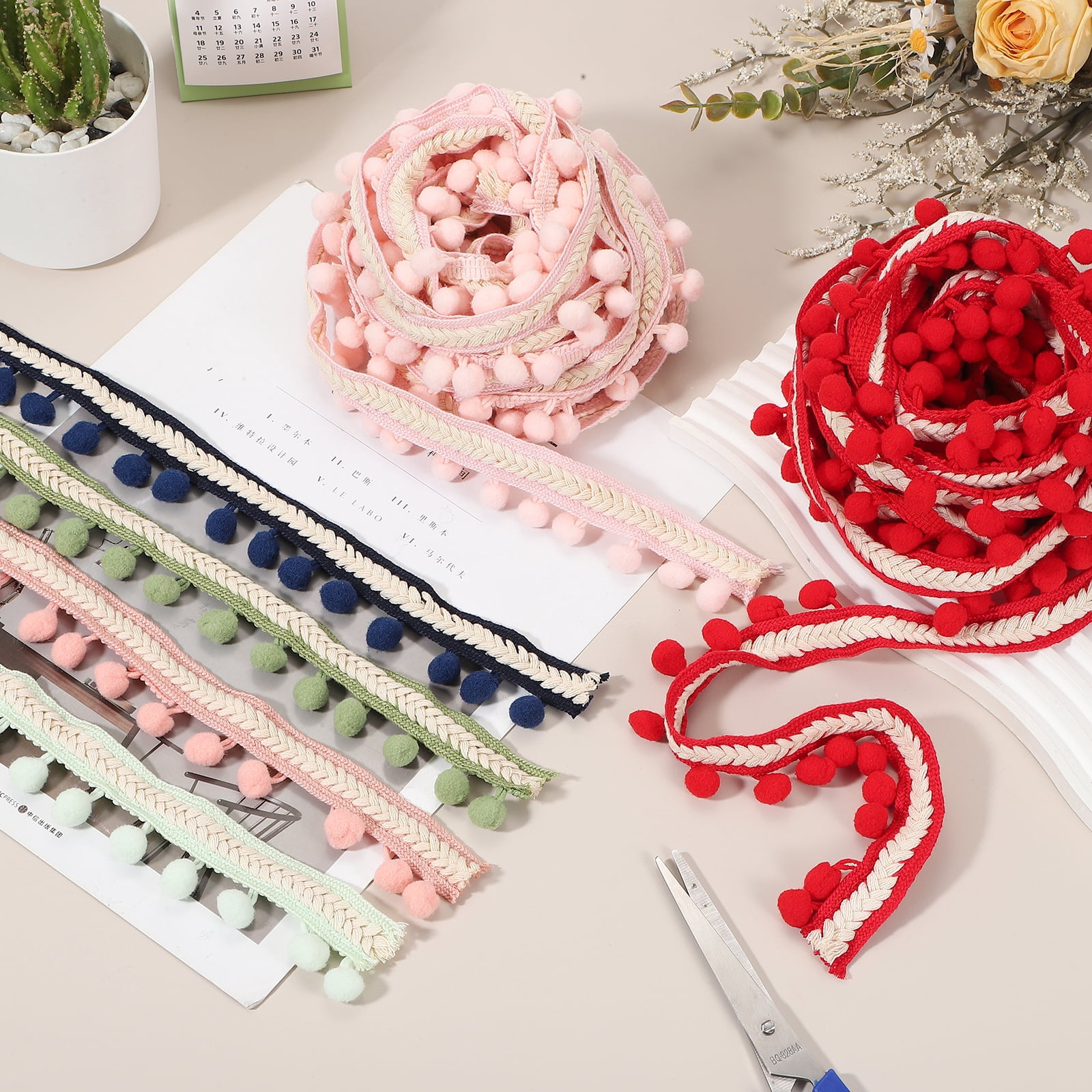Uxcell 10 Yards Embroidered Pom Pom Ribbon, Fabric Trim Fringe Pom Pom Crafts Tassel Lace for Sewing DIY Clothing Bag Bedding Pillow Curtain Decoration, Vanilla Green