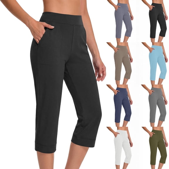 Purcolt Capri Pants for Women Dressy Casual Work Dstring Elastic Waist Yoga Pant Summer Workout Leggings with Pockets
