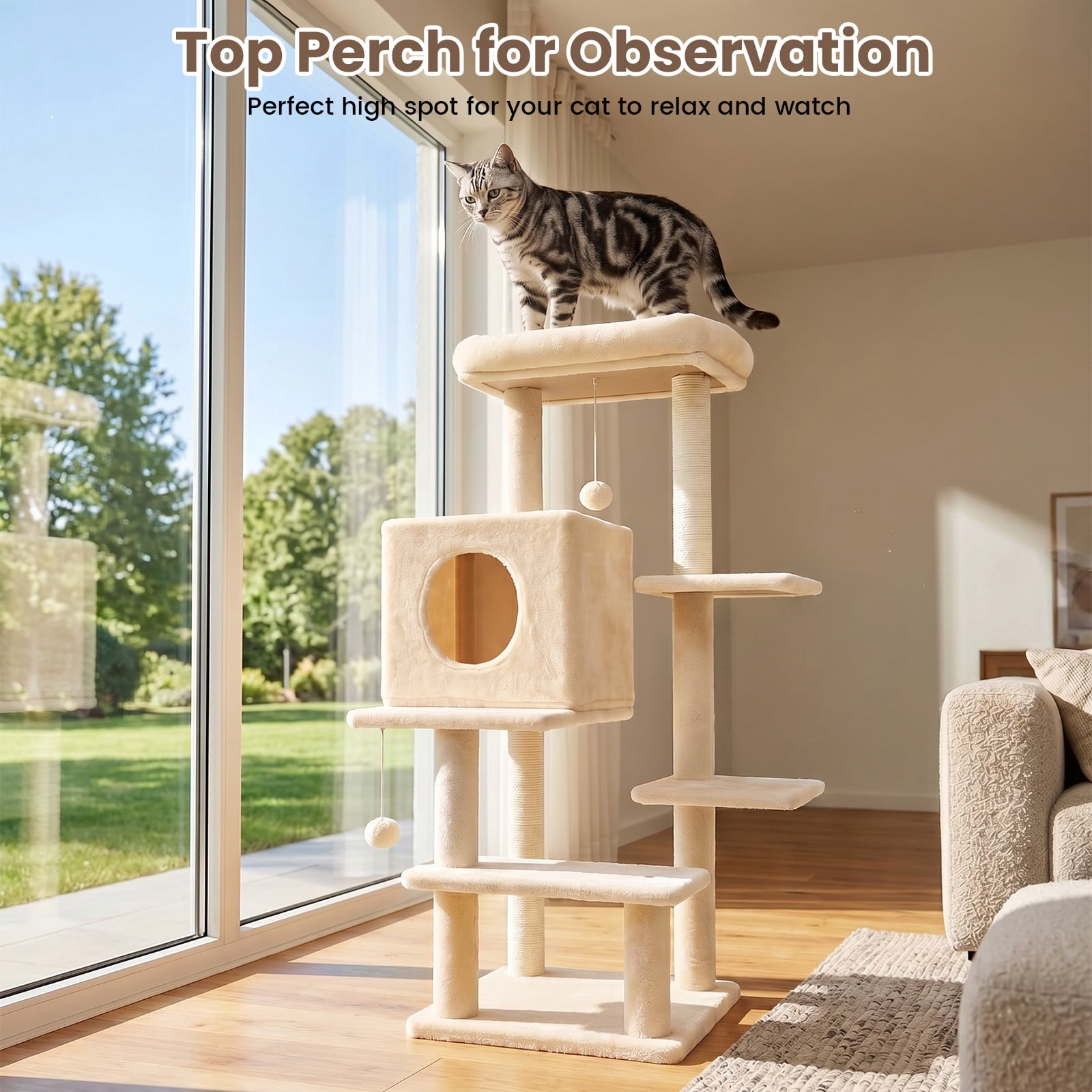Sturdy 40-inch Cat Tree Tower with Cat Cave & Ramp Steps - Multi-Level Play & Sleep Center for Large Indoor Cats, Beige