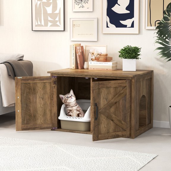 Demi Bonn 31" Cat Litter Box Enclosure with Double Barn Doors and Removable Divider, Flip Top Hidden Cat House Washroom Furniture, Brown
