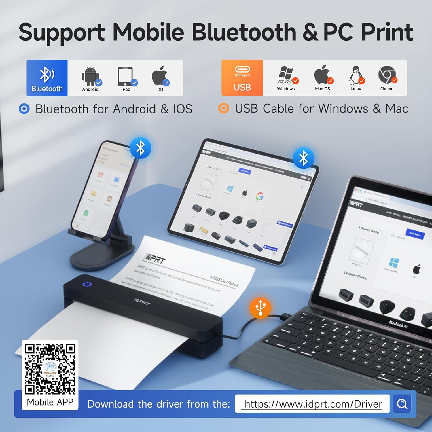 Restored iDPRT Portable Thermal Printer, MT610 Pro Wireless for Travel, 300 DPI Bluetooth Inkless Printer Support 8.5" X 11" US Letter Thermal Paper for Home, Compatible with iOS, Android, Black