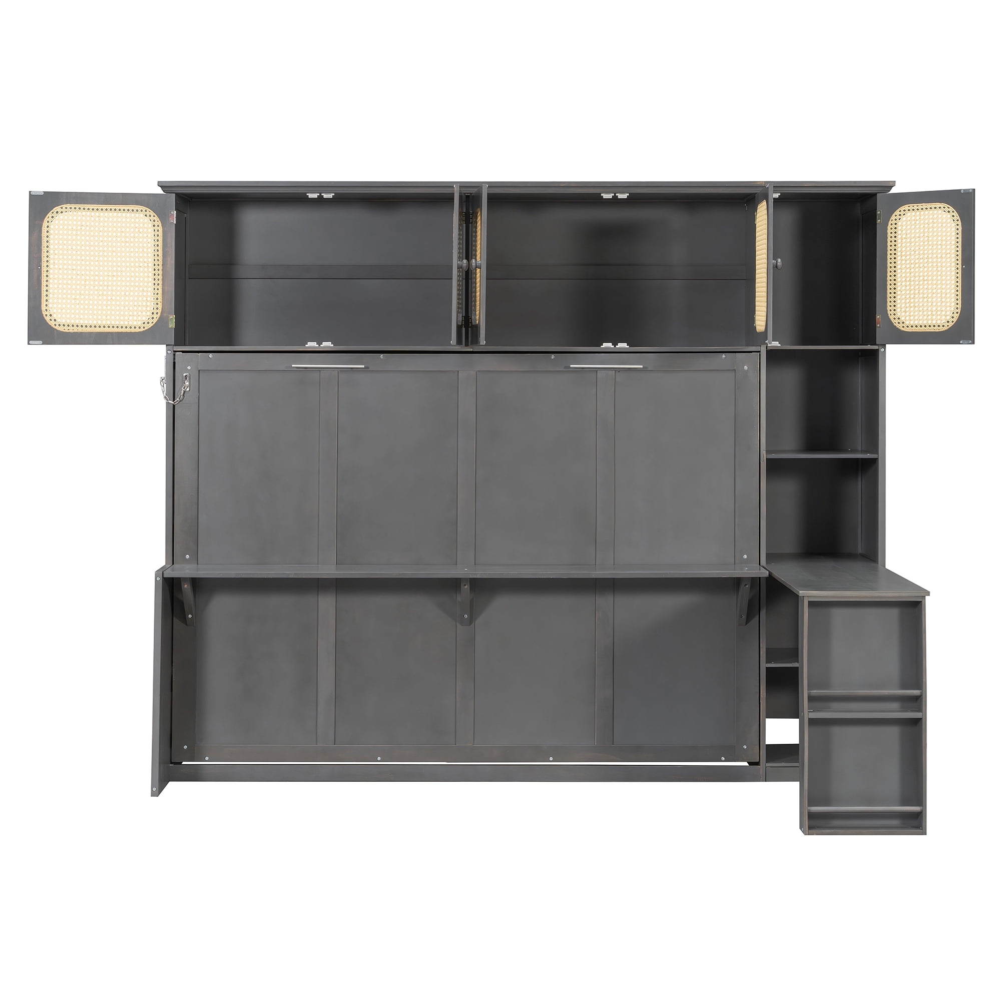 Mintazer Full Size Rattan Murphy Wall Bed with Desk & Side Bookshelf, Folding Bed with 5 Rattan Storage Cabinets for Guest Room Apartment, Gray