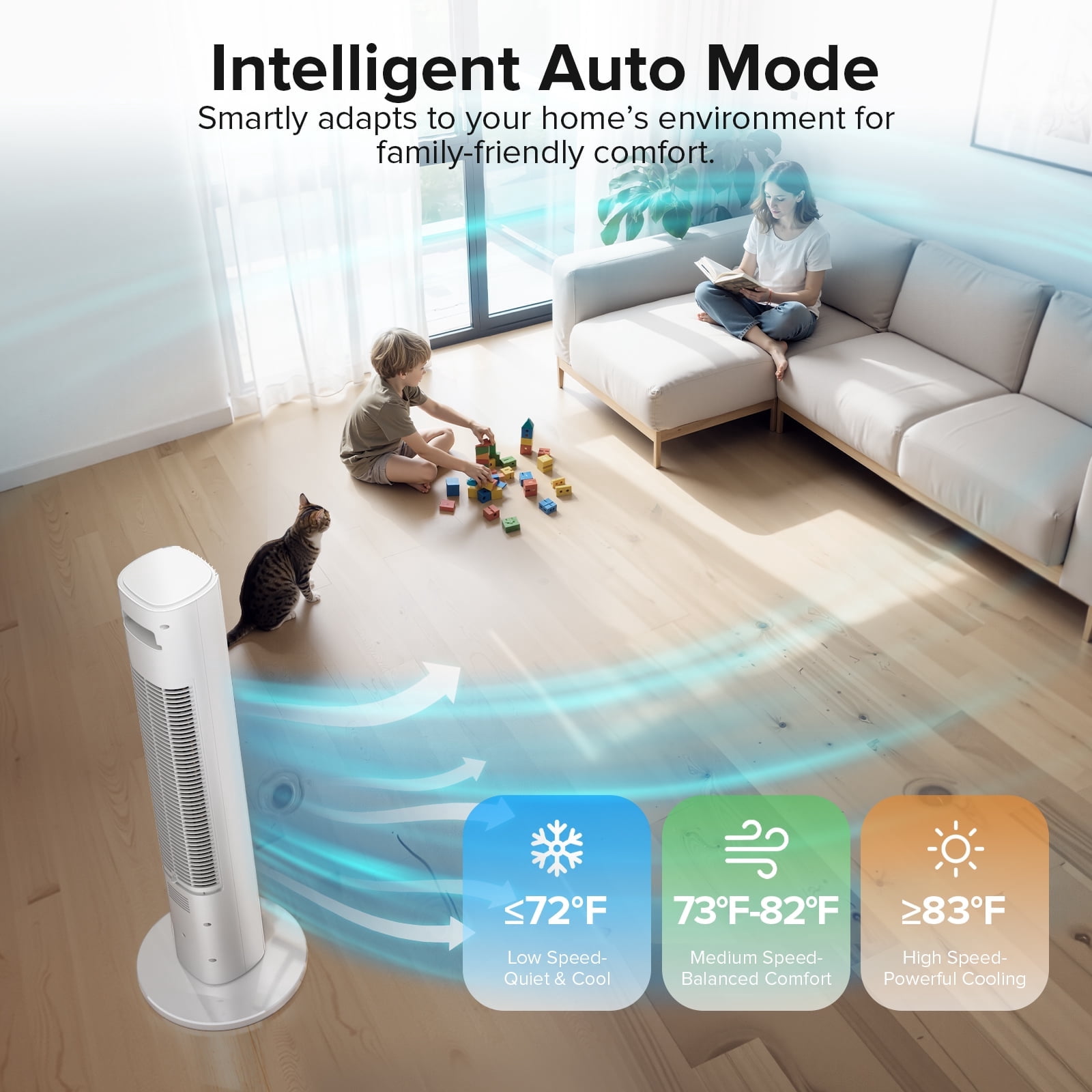 Electactic 35" Oscillating Tower Fan, Bladeless Floor Fan with Remote, 4 Modes & 3 Speeds, 12H Timer, Quiet & Family-Safe, LED Display, 85° Wide Cooling for Bedroom & Home (White)
