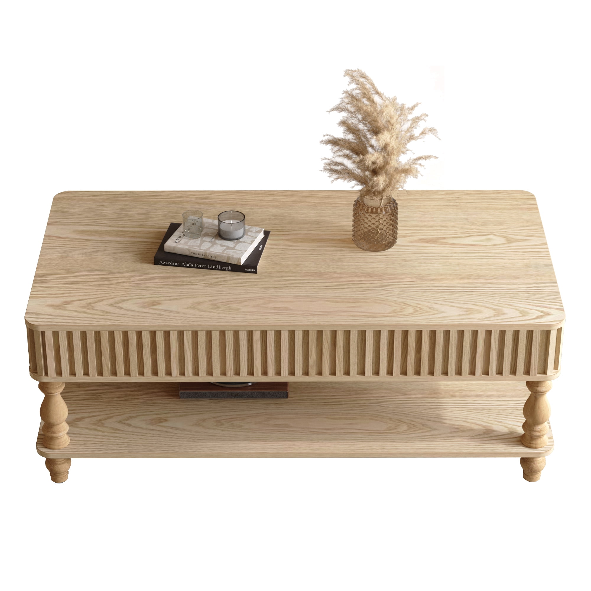 47.24" Lift Top Coffee Table with Hidden Storage and Open Shelf, Solid Wood Center Table with Fluted Design & Roman Column Legs, Tool-Free Assembly for Living Room, Vintage NaturalWood