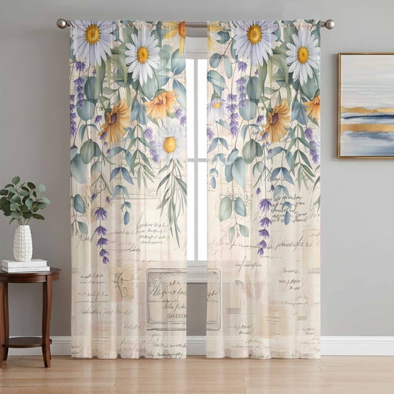Sheer Curtains 63 Inch Length 2 Panels Set for Bedroom, Floral Eucalyptus Leaves Semi Sheer Curtains for Windows, Daisy Summer Botanical Vintage Voile Window Treatments Rod Pocket Curtain