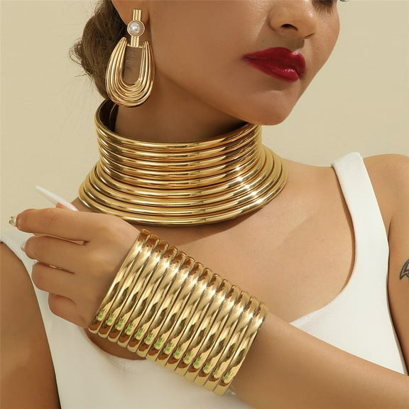 PU Leather Choker Necklace Earring Bracelet Set Fashion Costume Accessories for Women Prom Class Wedding Bridal