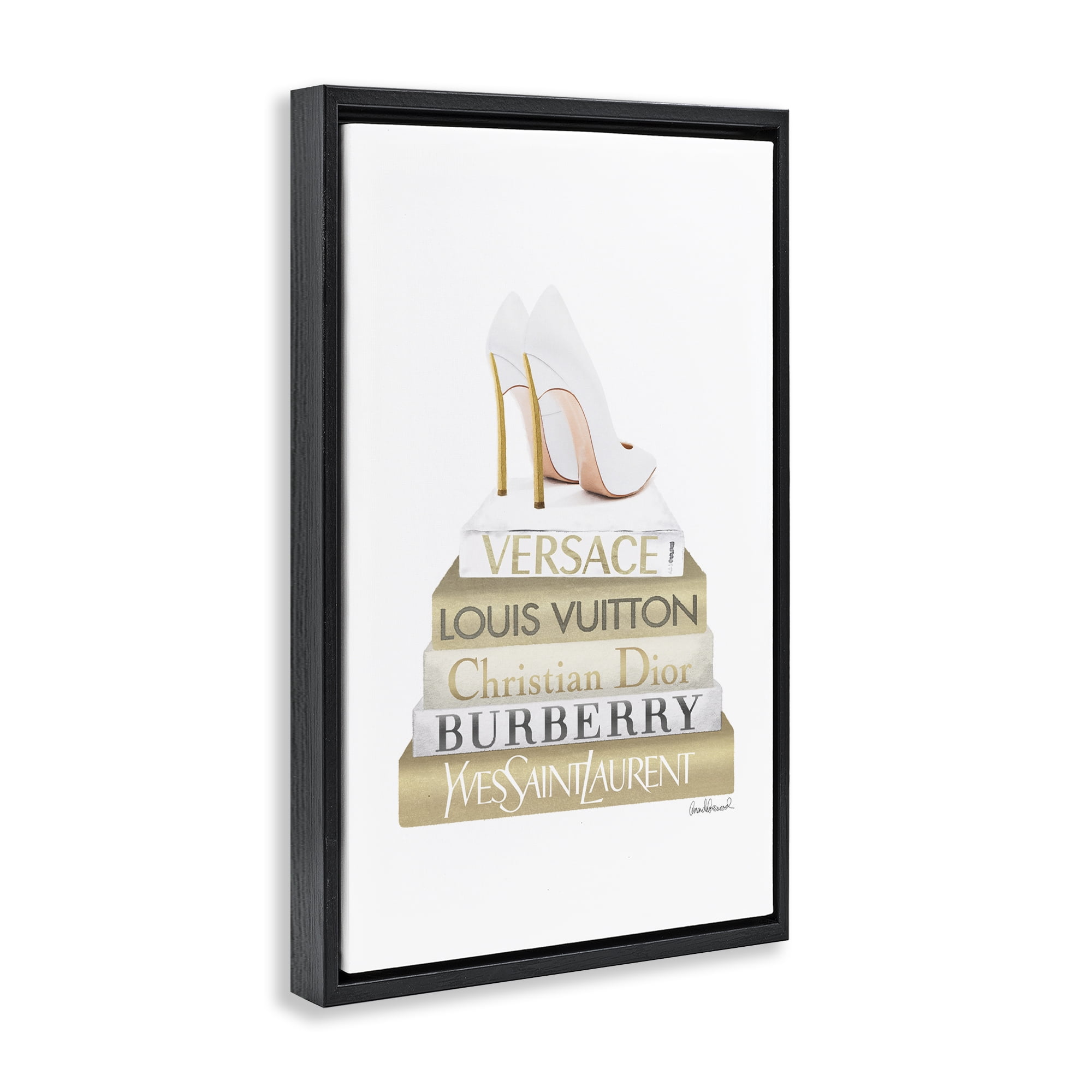 Stupell Industries Gold & White Book Stack Fashion Painting Black Floater Framed Canvas Art Print Wall Art, 21 x 31