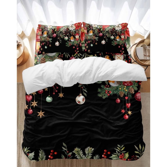 Black Christmas Bedding Duvet Cover Set Full Size 4 Pieces Xmas Poinsettia Balls Botanical Birds Bedding Set with Zipper Closure, 1 Comforter Cover 86x90 Inches 1 Flat Sheet & 2 Pillow Cases