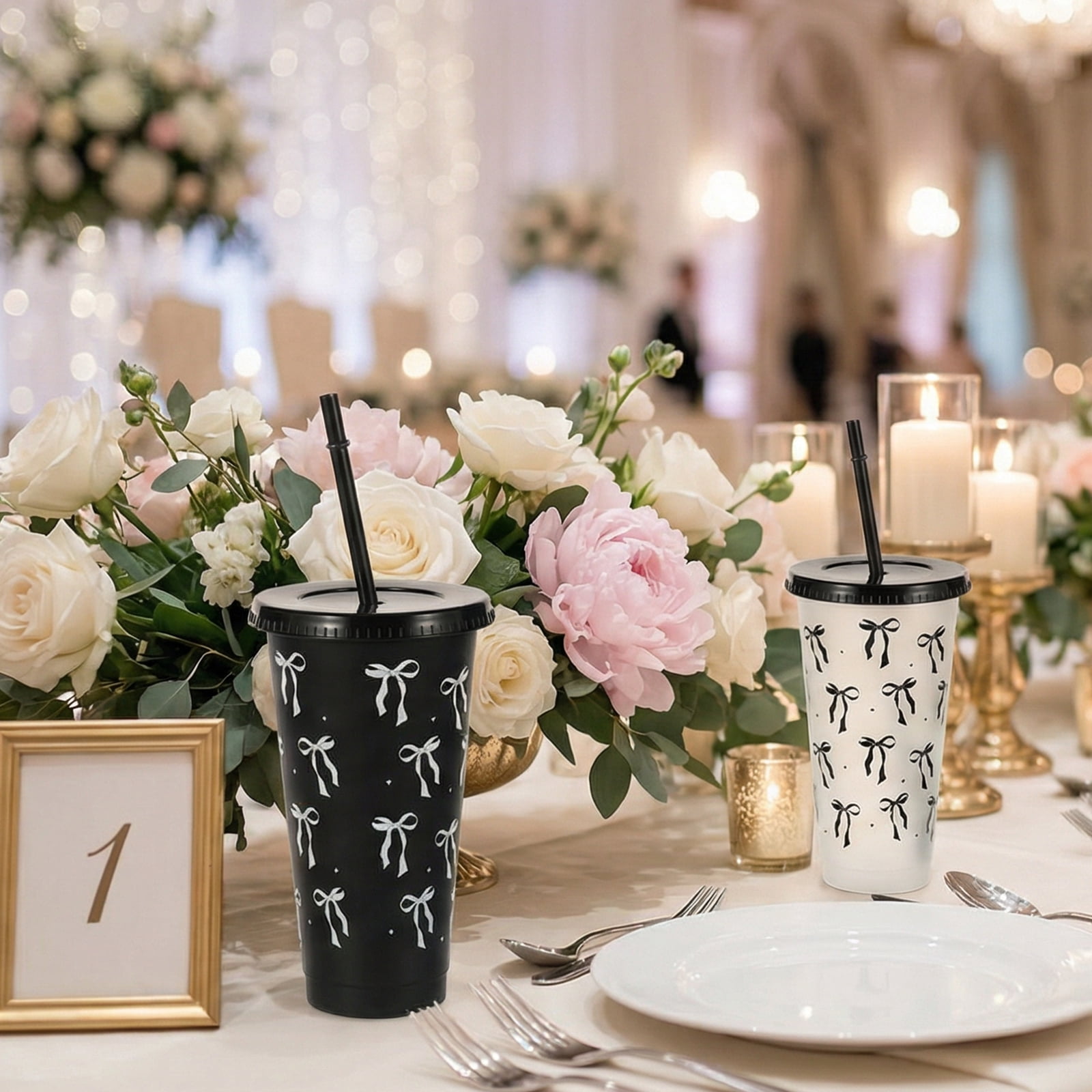 24 Pcs 24oz Bow Plastic Cup with Lid Straw and Ribbon Reusable Tumbler for Birthday Wedding Baby Shower Bridal Party Black