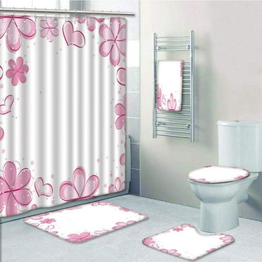 PRTAU Inspirational Girls Hearts Cute Flower Petals Spring Cute Kids 5 Piece Bathroom Set Shower Curtain Bath Towel Bath Rug Contour Mat and Toilet Lid Cover