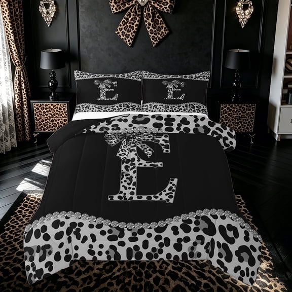 Meiyoeat Cute Sequin Cheetah Print Bow Queen Comforter Set for Girls Adults, Black White Initial E Letter Bedding Comforter Set, Black Reversible, 3-Piece
