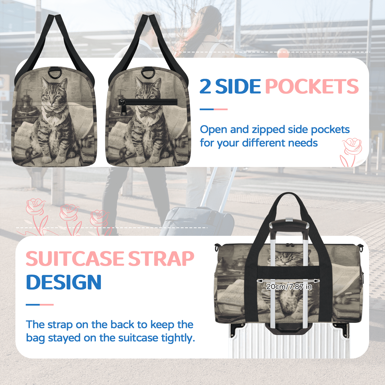 Herdesigns Vintage Funny Cat Gym Bag for Women, Duffle Bag for Travel Sport, Lightweight Waterproof Carry on Weekender Overnight Dance Yoga Workout Bags