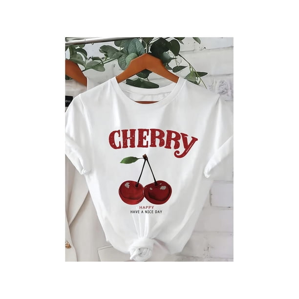 Women's Cherry Print T-Shirt Cotton Crew Neck Short Sleeve Casual Top Regular Length Knit Fabric Fruit Vegetable Pattern All-Season Wear